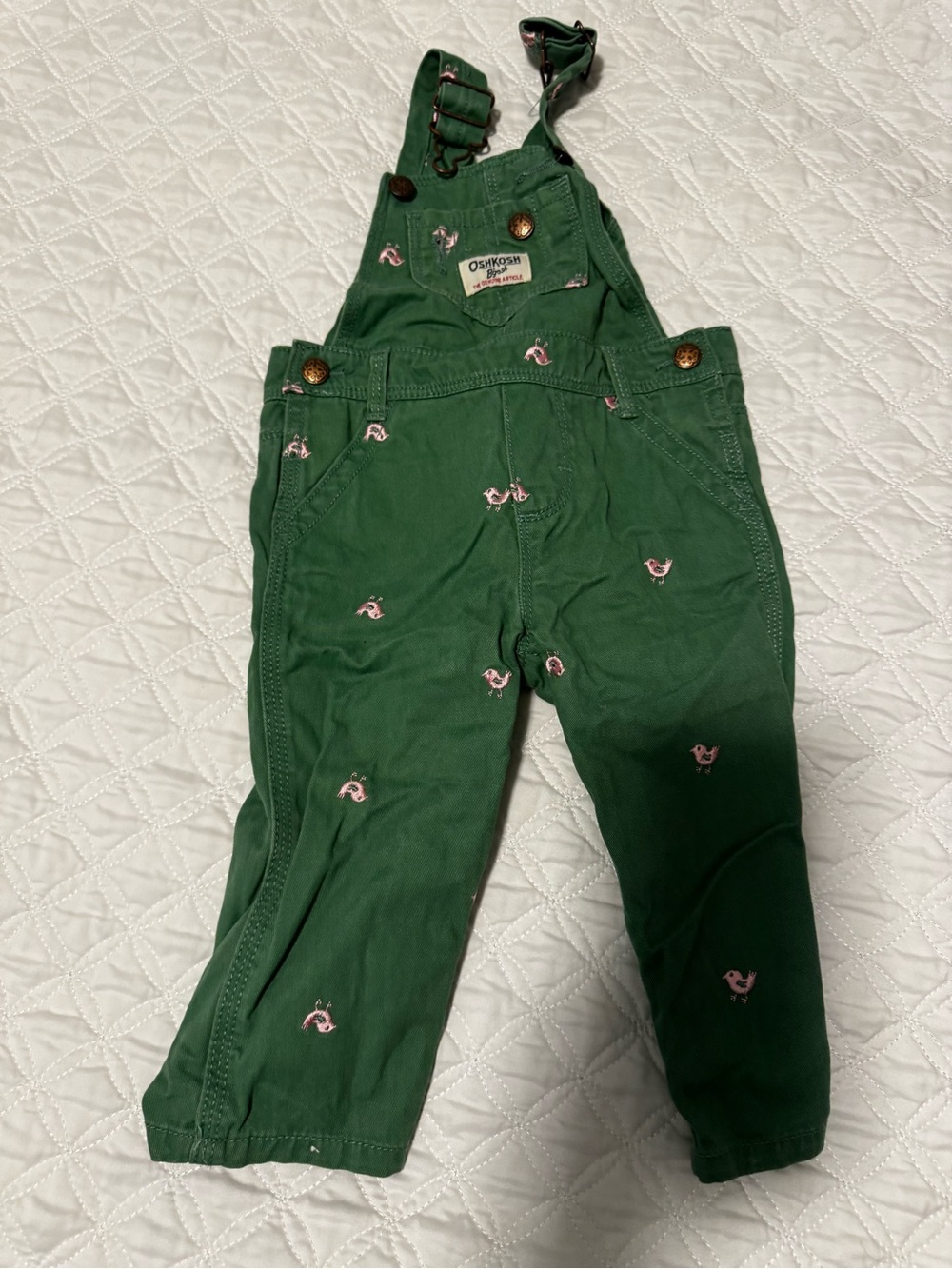 OshKosh B'gosh Dark Green Overalls with Pink Embroidered Birds